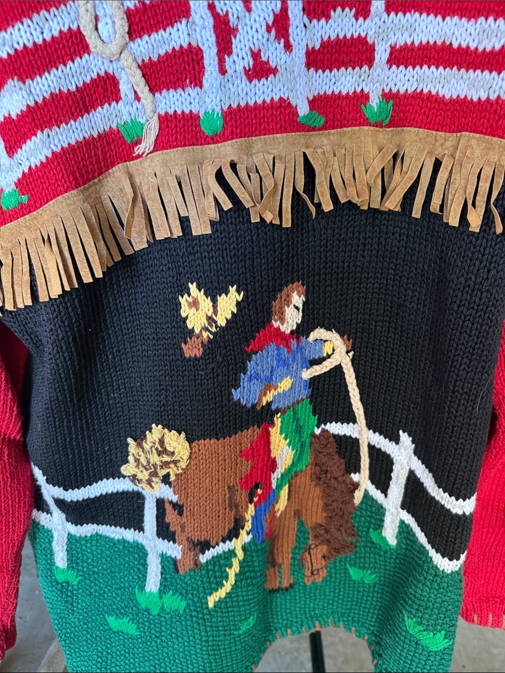 Vintage-Red Cowboy Fringe Knit Sweater